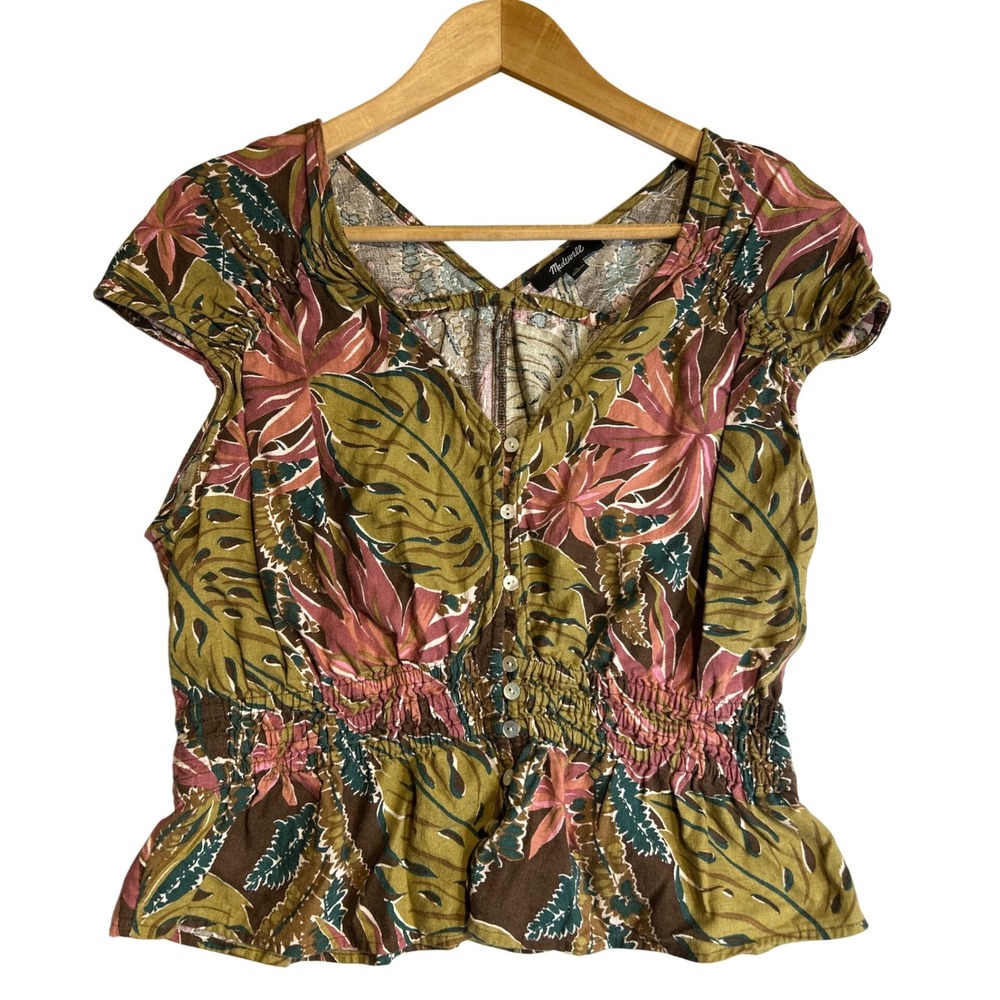 Madewell Shirred Cap-Sleeve Top in Brushstroke Monstera Size Medium EUC